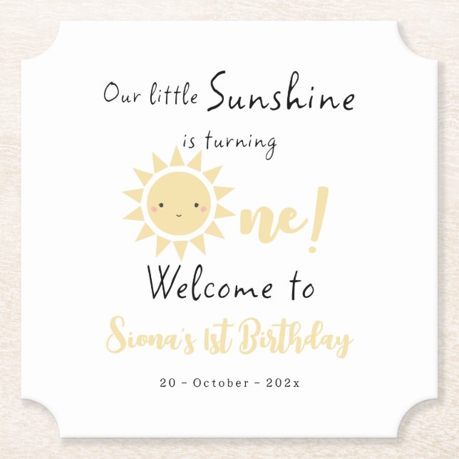 Our Little Sunshine is Turning One Cute Birthday Paper Coaster (Front)