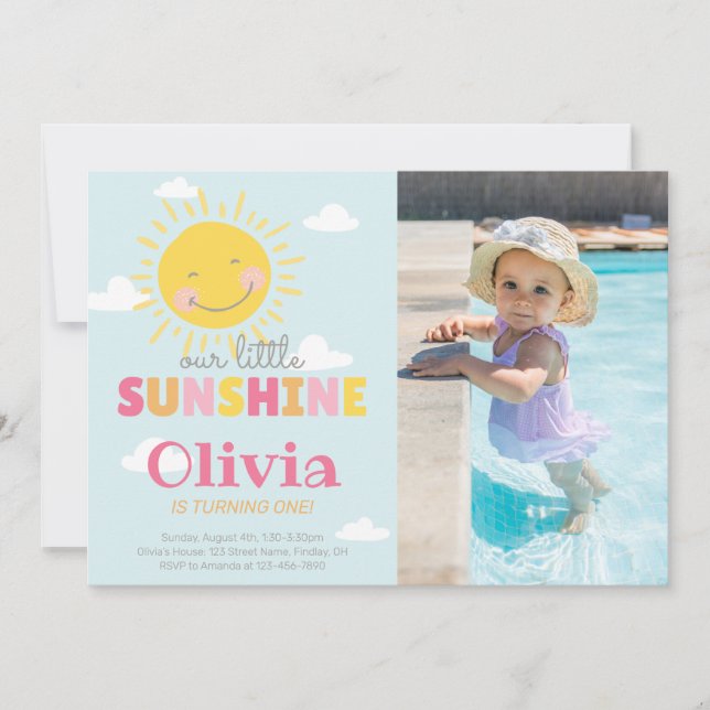 Our Little Sunshine Photo Pink Birthday Any Age Invitation (Front)