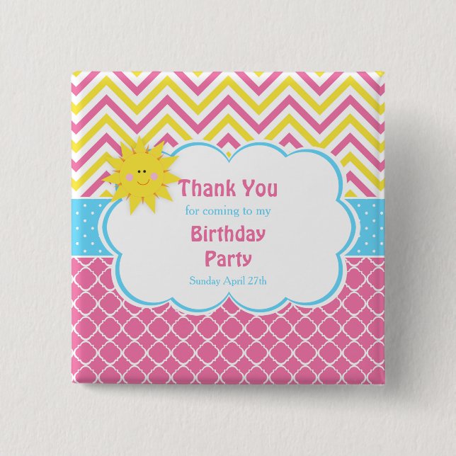 Our little Sunshine Pink and Yellow Birthday Party 15 Cm Square Badge (Front)