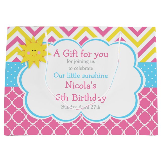 Our little Sunshine Pink and Yellow Birthday Party Large Gift Bag (Front)