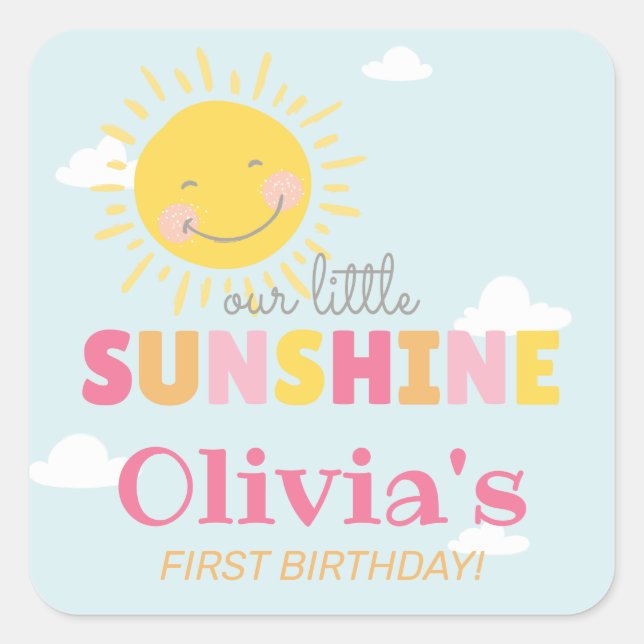 Our Little Sunshine Pink Birthday Party Any Age Square Sticker (Front)