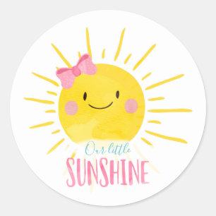 Our Little Sunshine Pink Bow Sun Cupcake Topper Classic Round Sticker