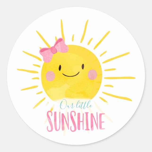 Our Little Sunshine Pink Bow Sun Cupcake Topper Classic Round Sticker (Front)