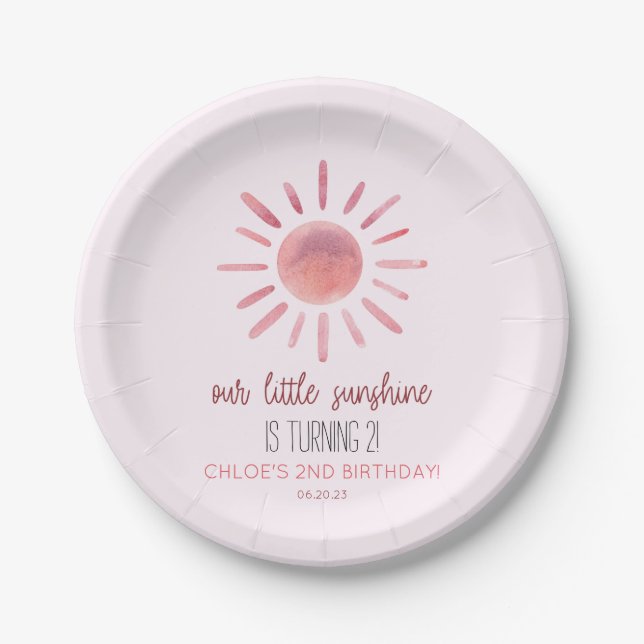 Our Little Sunshine Pink Sun Birthday Party Paper Plate (Front)