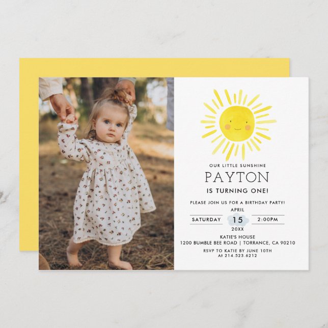 Our Little Sunshine Sun 1st Birthday Photo Invitation (Front/Back)