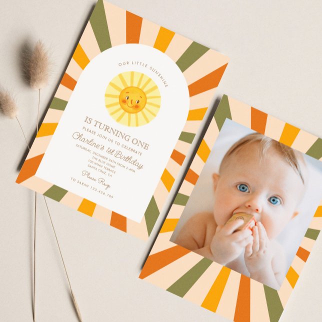 Our Little Sunshine Sun Retro Minimal 1st Birthday Invitation (Creator Uploaded)