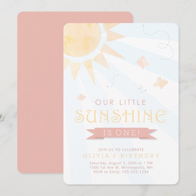 Our Little Sunshine Watercolor Butterfly Birthday Invitation (Front/Back)