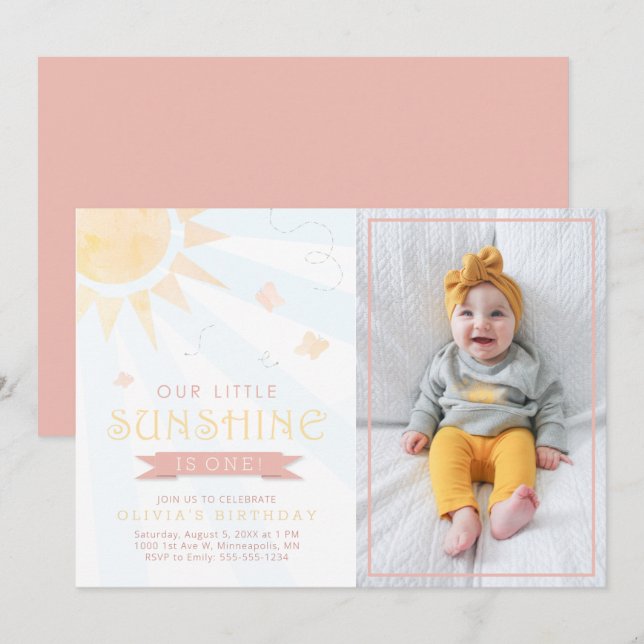 Our Little Sunshine Watercolor Butterfly Birthday Invitation (Front/Back)