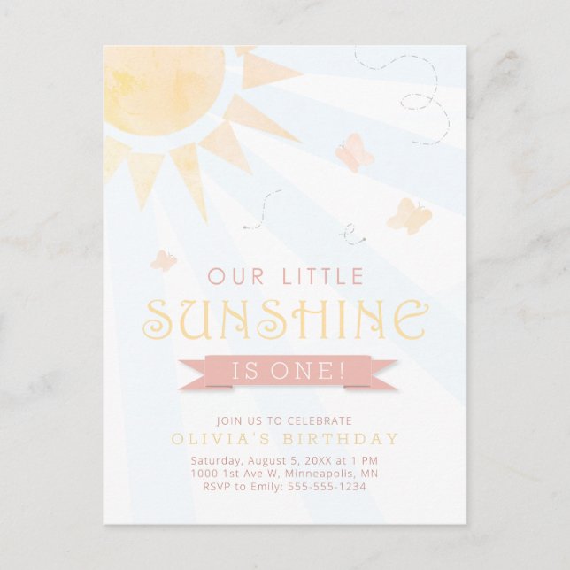 Our Little Sunshine Watercolor Butterfly Birthday Postcard (Front)