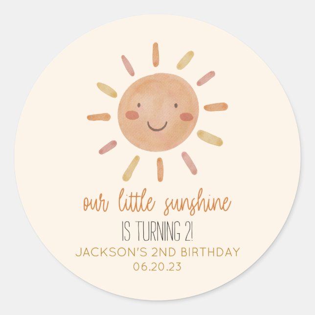 Our Little Sunshine Yellow Sun Birthday Party Classic Round Sticker (Front)