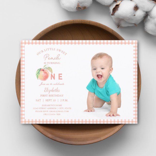 Our Little Sweet Peach is One Birthday Baby Photo Invitation (Creator Uploaded)