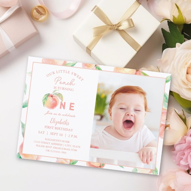 Our Little Sweet Peach is One Birthday Baby Photo Invitation (Creator Uploaded)