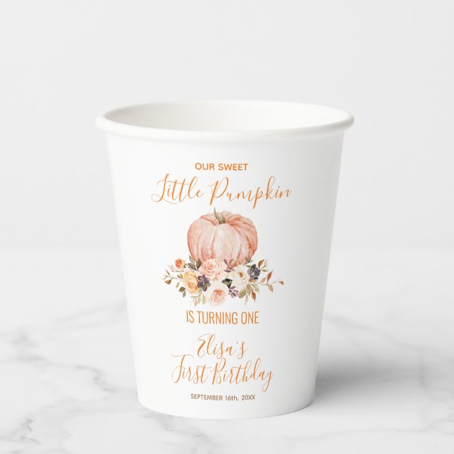 Our Little Sweet Pumpkin 1st Birthday Floral Paper Cups (Front)