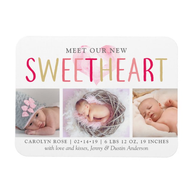 Our Little Sweetheart 3 Photo Birth Announcement Magnet (Horizontal)