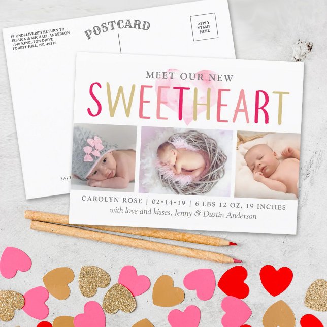 Our Little Sweetheart 3 Photo Birth Announcement Postcard (Creator Uploaded)