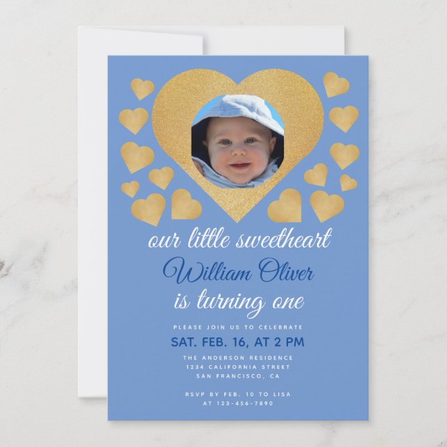 Our Little Sweetheart Boy Blue Gold Heart Birthday Invitation (Front)