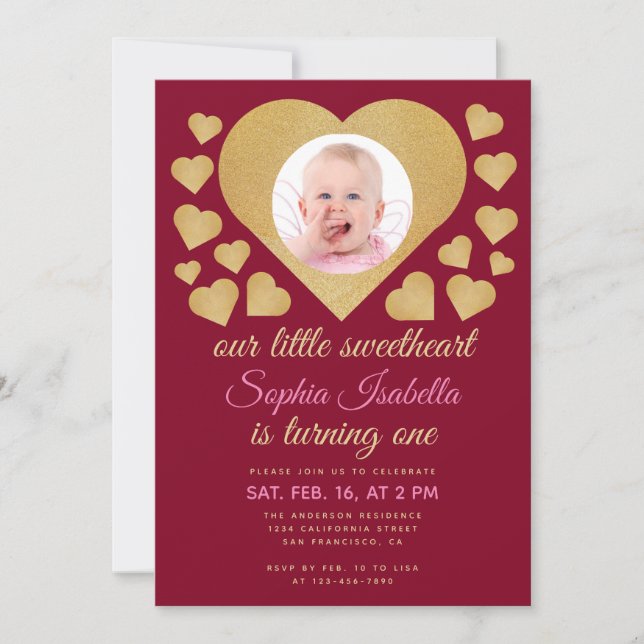 Our Little Sweetheart Burgundy Gold Heart Birthday Invitation (Front)