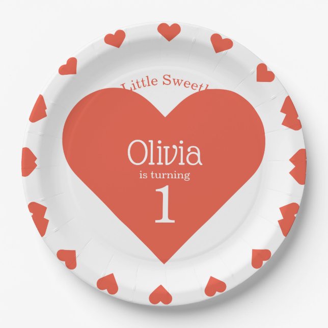 Our Little Sweetheart First Birthday Red Heart Paper Plate (Front)