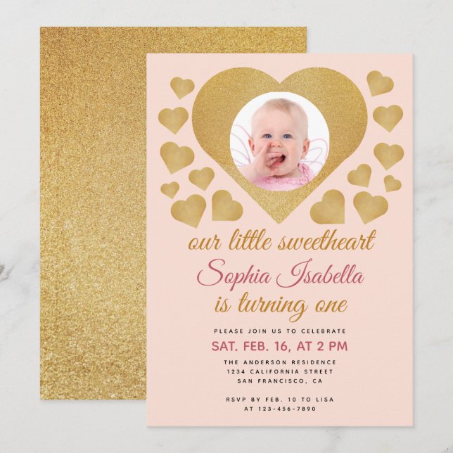 Our Little Sweetheart Gold Pink Photo 1st Birthday Invitation (Front/Back)