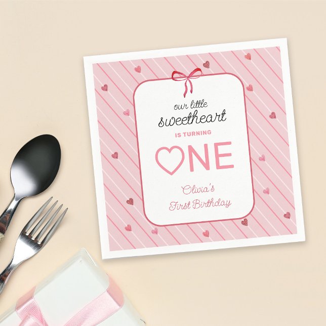 Our Little Sweetheart Is One Hearts Bows Birthday Napkin (Creator Uploaded)
