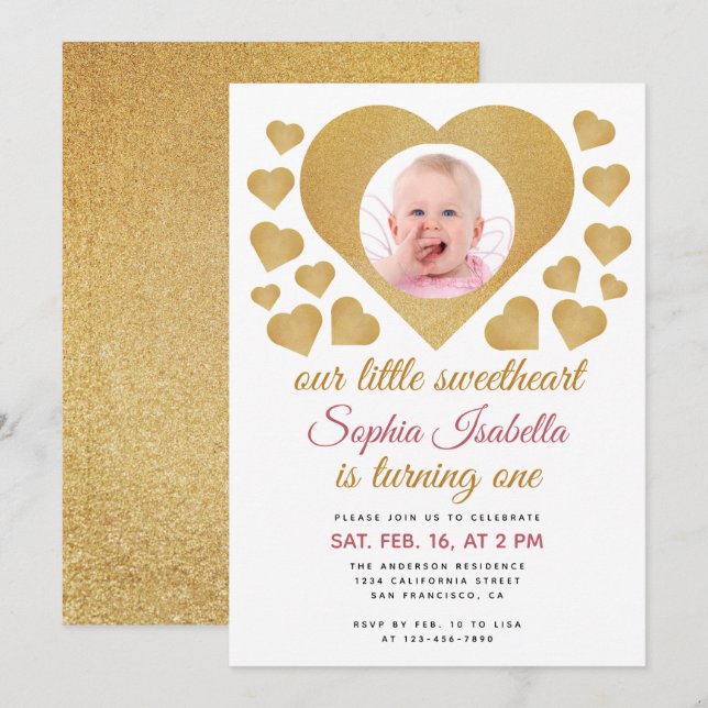 Our Little Sweetheart Photo Gold Heart Birthday Invitation (Front/Back)
