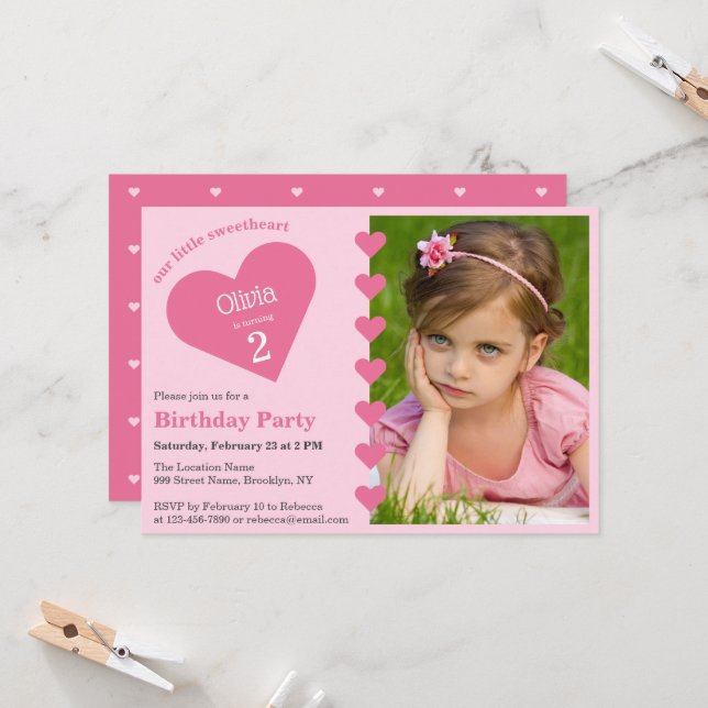 Our Little Sweetheart Pink Hearts Photo Birthday Invitation (Front/Back In Situ)