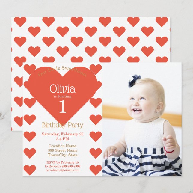 Our Little Sweetheart Red Hearts Birthday Party Invitation (Front/Back)