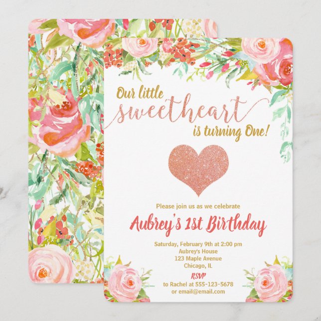 Our little sweetheart Valentines Day birthday girl Invitation (Front/Back)