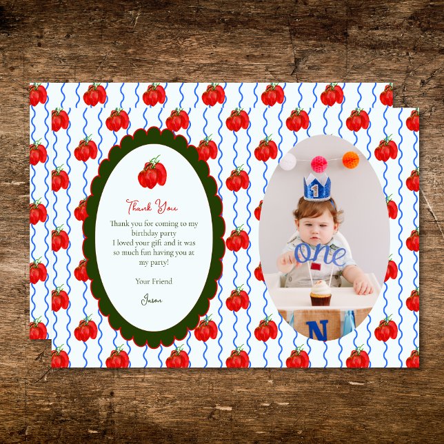 Our Little Tomato is Turning One  Party Photo Thank You Card (Creator Uploaded)