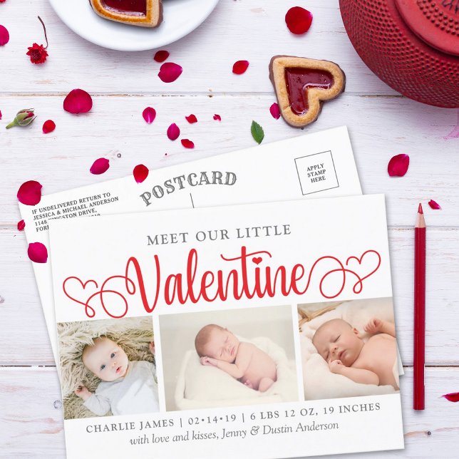 Our Little Valentine 3 Photo Birth Announcement (Creator Uploaded)