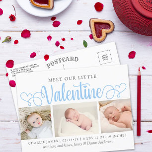 Our Little Valentine 3 Photo Birth Announcement Postcard
