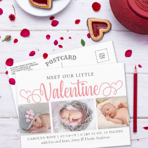 Our Little Valentine 3 Photo Birth Announcement Postcard