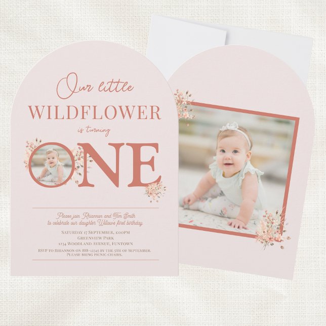 Our Little Wildflower 1st Birthday arch orange Invitation (Our Little Wildflower is turning ONE - 1st Birthday Invitation with photo of baby girl)