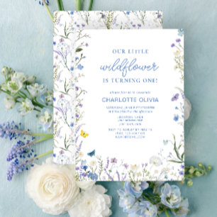 Our Little Wildflower 1st Birthday Blue Watercolor Invitation
