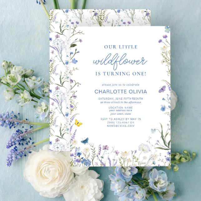 Our Little Wildflower 1st Birthday Blue Watercolor Invitation (1st Birthday Invitation)
