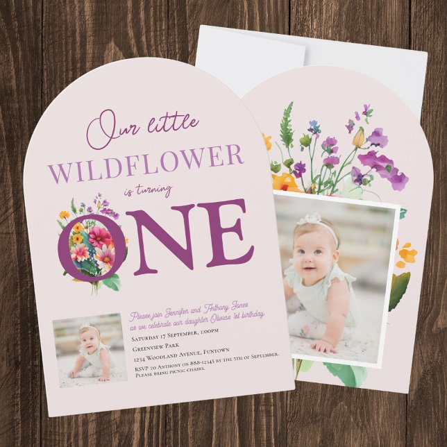 Our Little Wildflower 1st Birthday bright floral Invitation (Our Little Wildflower is turning ONE floral purple 1st birthday invitation with custom baby photo)