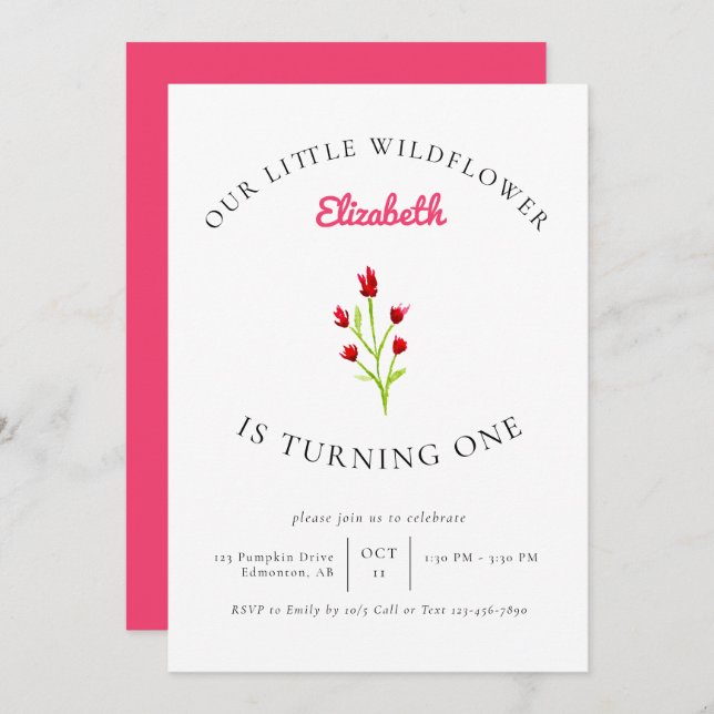Our Little Wildflower 1st Birthday Floral Minimal Invitation (Front/Back)