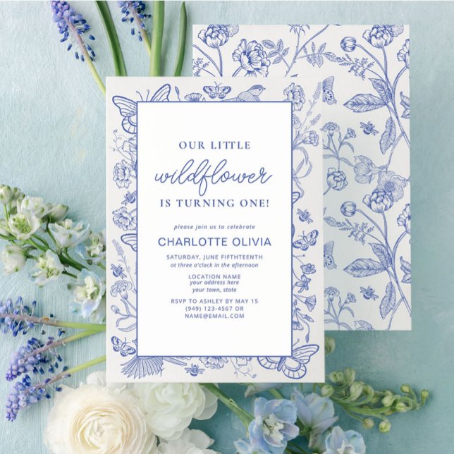 Our Little Wildflower 1st Birthday French Blue Invitation (Easily personalize this sweet baby's first birthday invitation with your unique details.)
