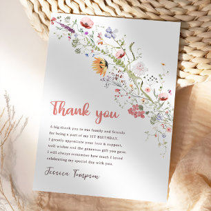 Our Little Wildflower Baby Girl 1st Birthday Party Thank You Card
