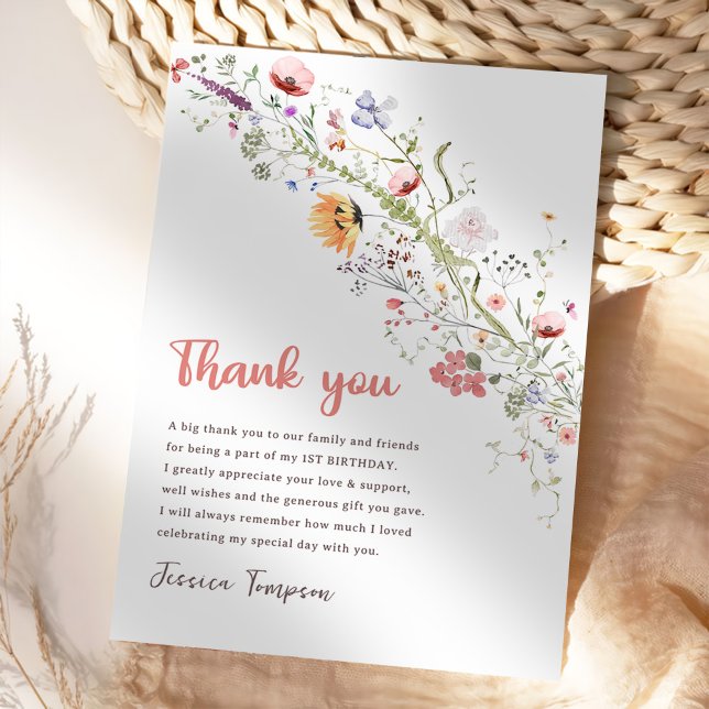 Our Little Wildflower Baby Girl 1st Birthday Party Thank You Card (Creator Uploaded)