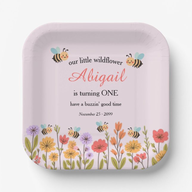 Our Little Wildflower Floral Bee 1st Birthday Paper Plate (Front)