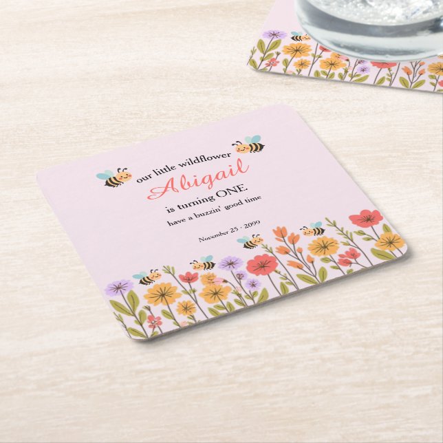 Our Little Wildflower Floral Bee 1st Birthday Square Paper Coaster (Angled)