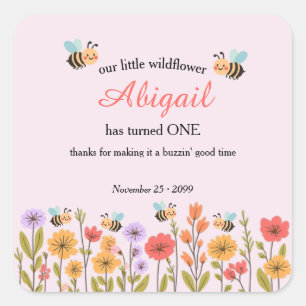 Our Little Wildflower Floral Bee 1st Birthday Square Sticker