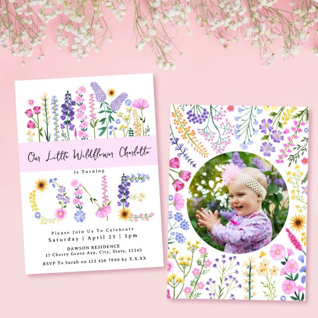 Our Little Wildflower Girl 1st Birthday Photo Invitation (Our Little Wildflower Girl 1st Birthday Photo Invitation)