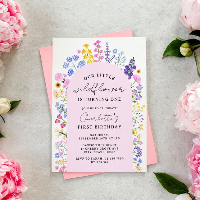 Our Little Wildflower Is Turning One Spring Summer Invitation (Our little wildflower floral first birthday girls invitation.)