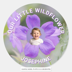 Our Little Wildflower Purple Floral Custom Photo Classic Round Sticker