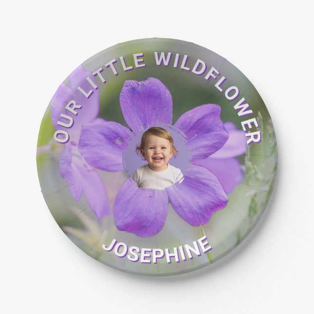 Our Little Wildflower Purple Geranium Custom Photo Paper Plate (Front)