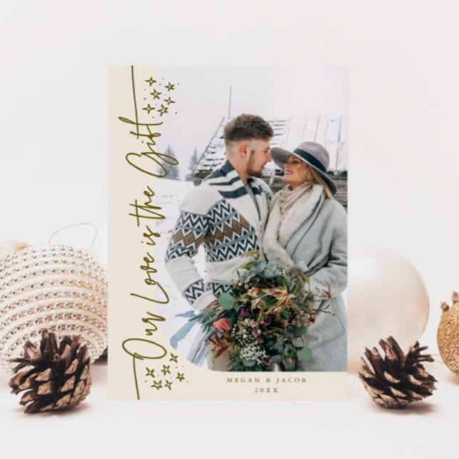 Our Love Gift Christmas Newlywed Photo Cream Holiday Card (Creator Uploaded)