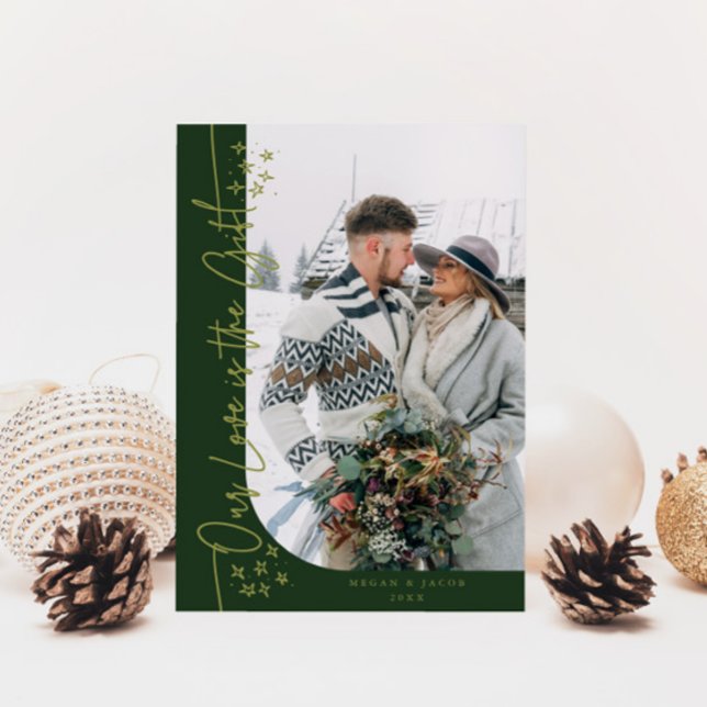Our Love Gift Christmas Newlywed Photo Green Holiday Card (Creator Uploaded)