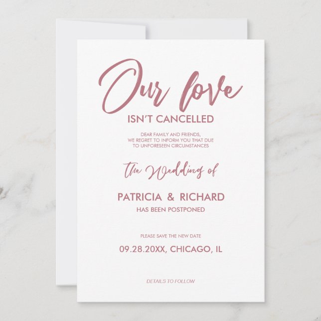 Our Love Isn’t Cancelled Wedding Postponement Invitation (Front)